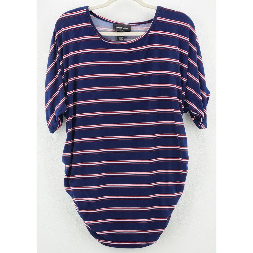 Jennifer Lauren Plus 2X Navy Stripe Ruched Tunic Top